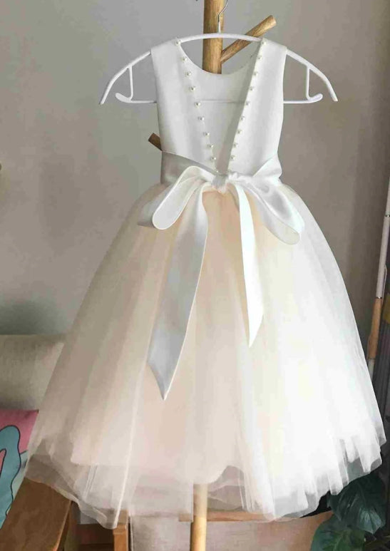White Sleeveless Open Back Pearls Girl Party Dress