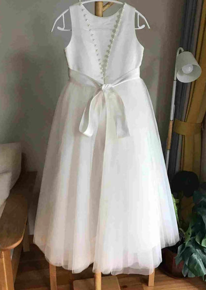 White Sleeveless Open Back Pearls Girl Party Dress