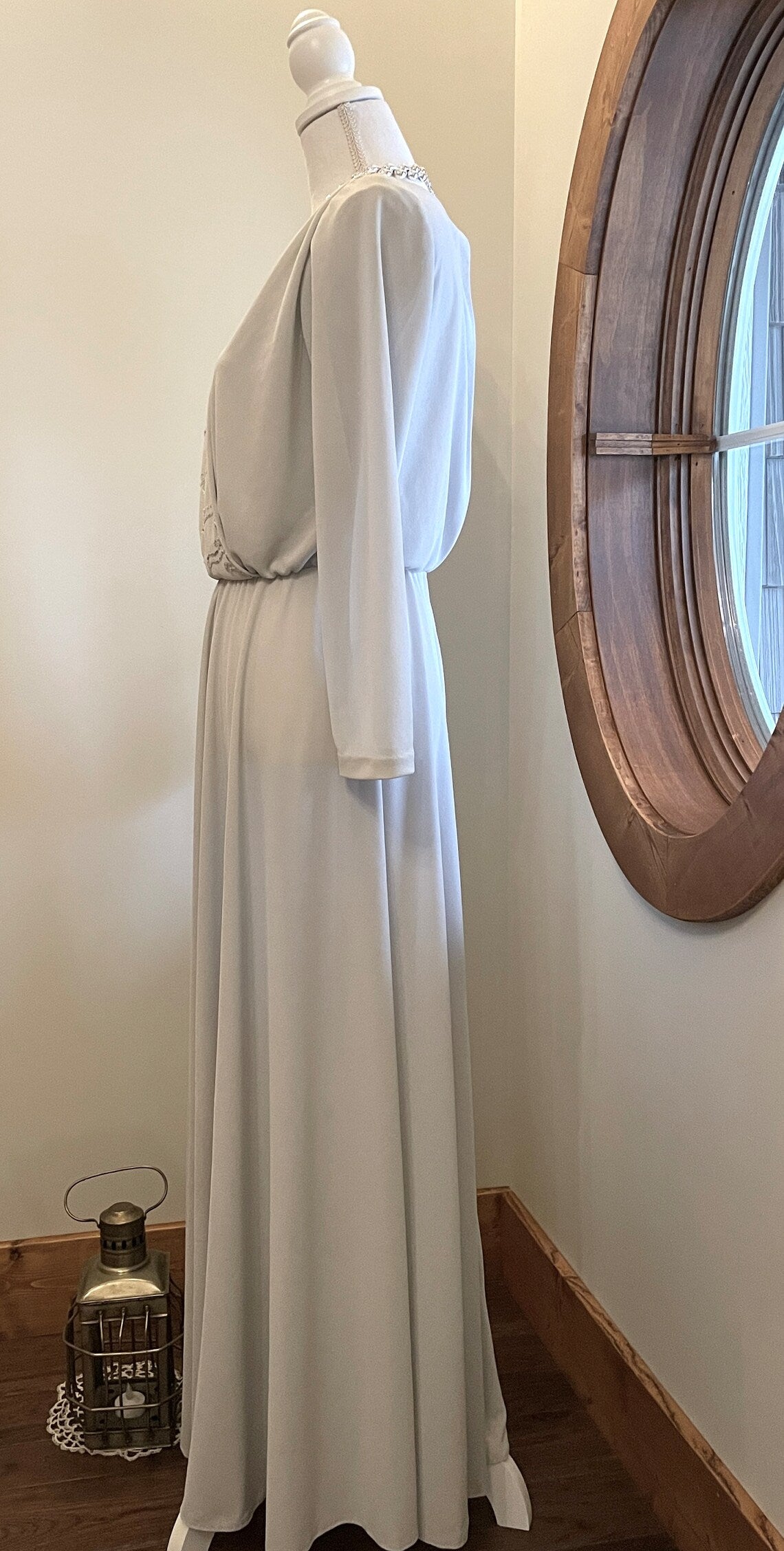Pale Blue Grey Beaded Bodice Evening Gown Chiffon Mother of the Bride Dresse Floor Length Formal Dress