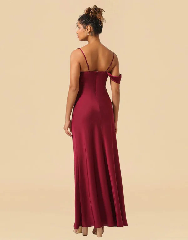 Asymmetrical Shoulder Straps Floor Length Satin Bridesmaid Dress