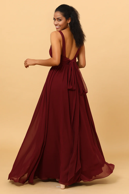 A-line V-Neck Chiffon Burgundy Bridesmaid Dress
