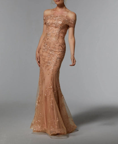 Sequins/Sparkling Mermaid Tulle With Appliques Off Shoulder Mother of the Bride Dress Evening Dresses