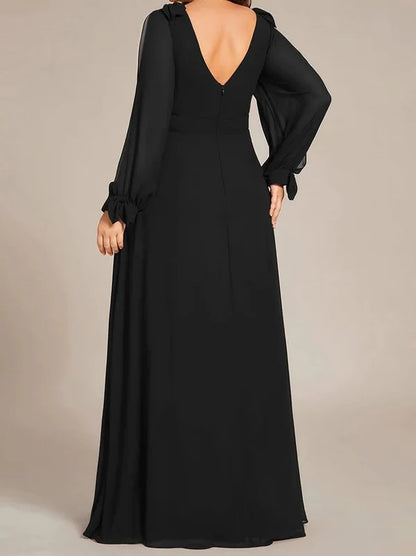 Black A Line/Princess Long Sleeves Chiffon Floor-Length V Neck Bridesmaid Dresses