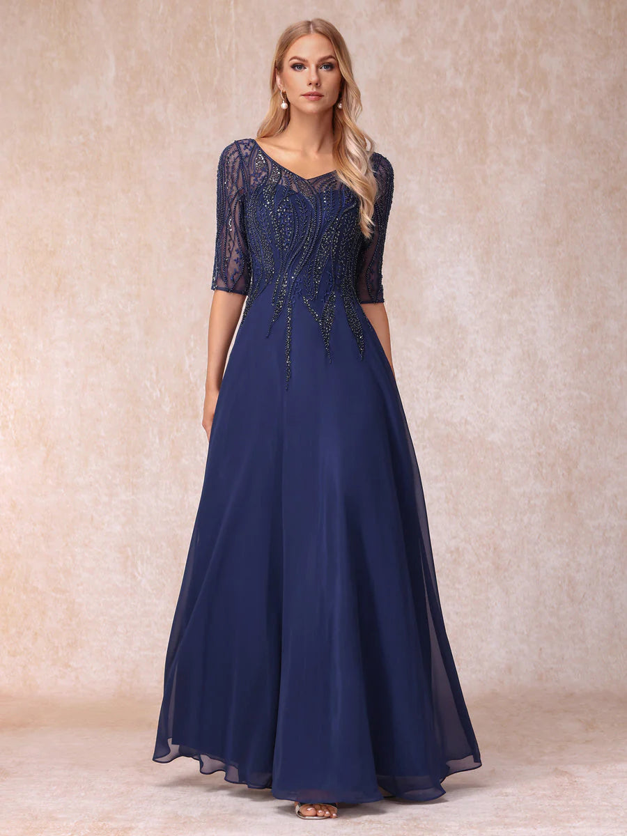 A-Line/Princess V-Neck Half Sleeves Long Formal Evening Dresses With Beading