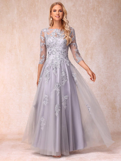 A-Line/Princess Sheer Neck Half Sleeves Long Formal Evening Dresses With Beading