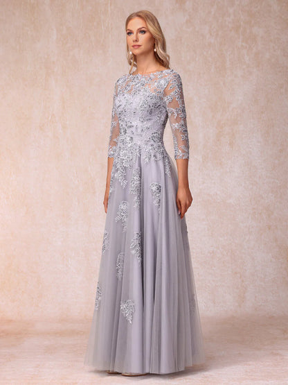 A-Line/Princess Sheer Neck Half Sleeves Long Formal Evening Dresses With Beading