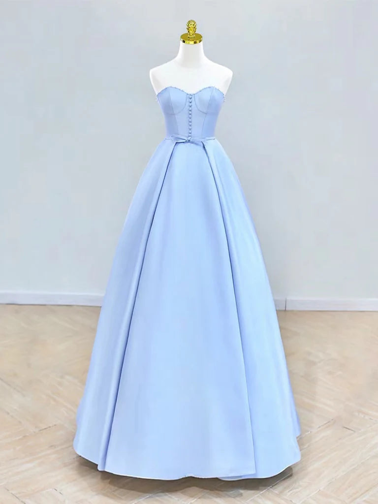 A-Line Sweetheart Neck Satin Blue Ball Gown Long Prom Dress Formal Dress