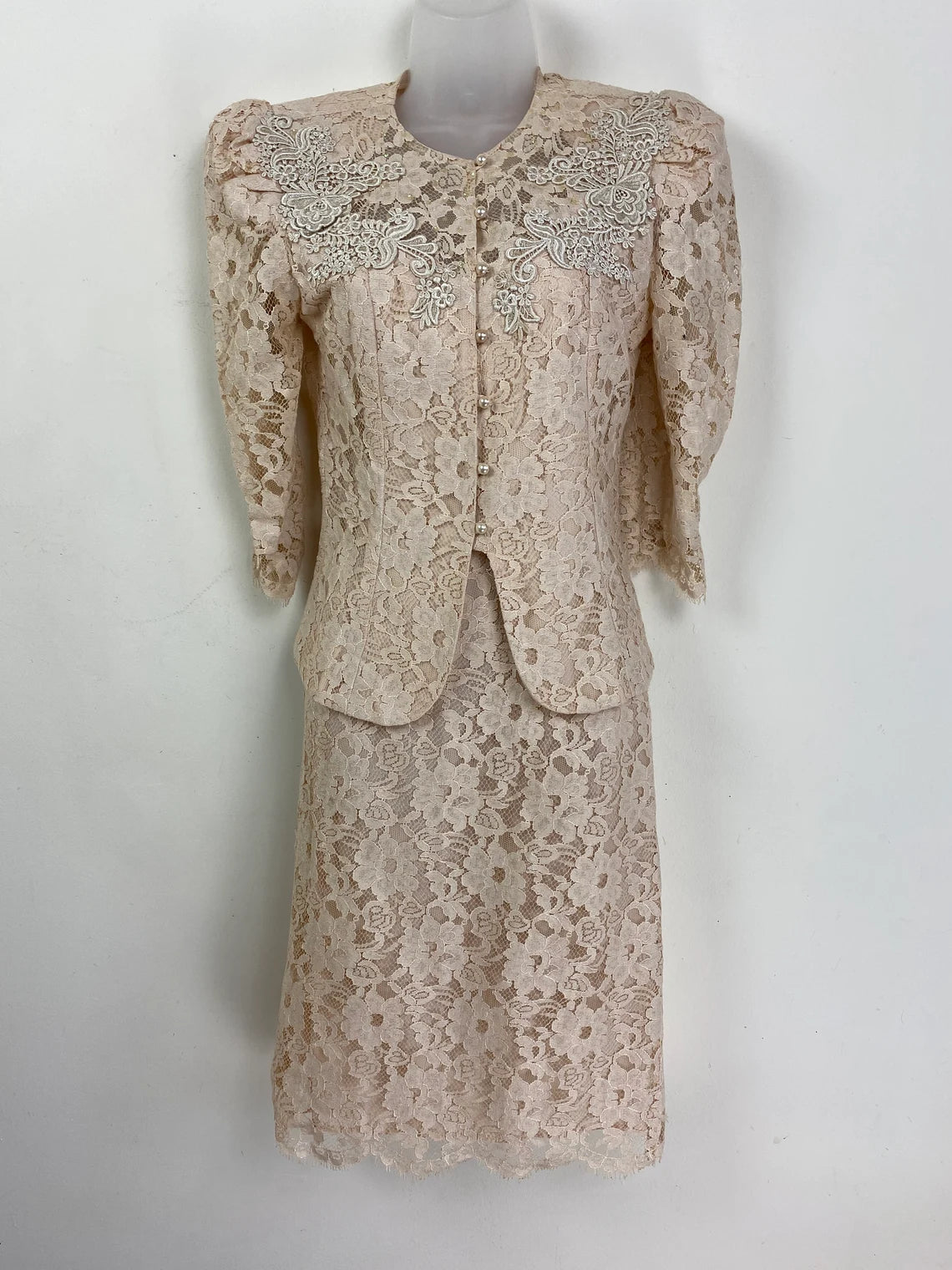 Vintage Pale Pink Lace Blouse And Skirt Petite Small Lace Skirt Suit Wedding Outfit Mother of the Bride Dresse Lace Suit