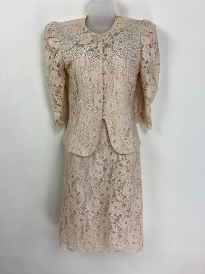 Vintage Pale Pink Lace Blouse And Skirt Petite Small Lace Skirt Suit Wedding Outfit Mother of the Bride Dresse Lace Suit