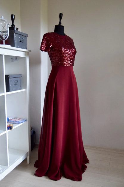 Handmade Burgundy Chiffon Sequin Bridesmaid Dress Short Sleeve Full Length Sequin Mother Of Bride Dress