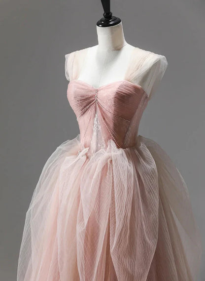 A-Line Princess Pink Tulle Beaded Long Party Dress Prom Dress Floor Length Formal Dress