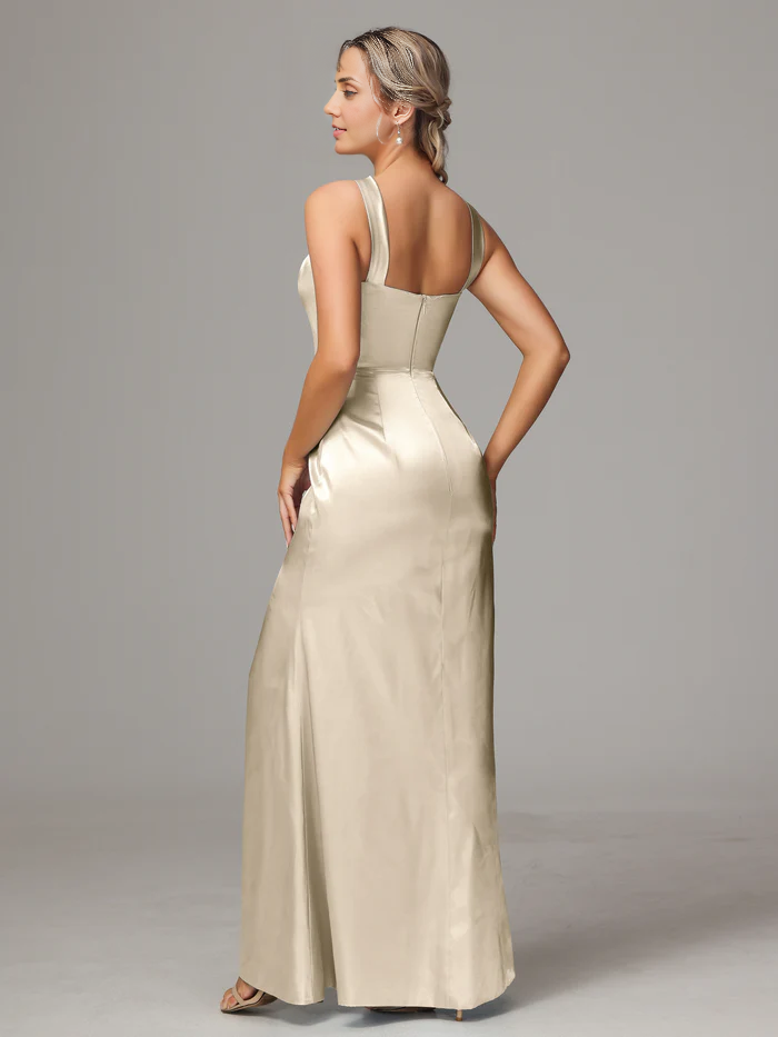 Sheath Halter Sleeveless Soft Satin Bridesmaid Dress With Slit