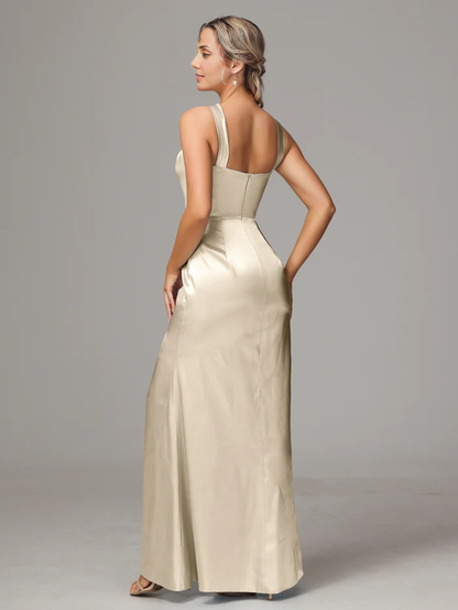 Sheath Halter Sleeveless Soft Satin Bridesmaid Dress With Slit