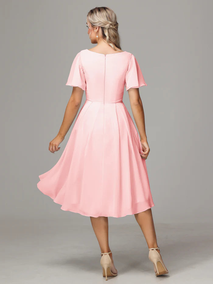 Cute A-Line Short Sleeves V Neck Knee Length Chiffon Bridesmaid Dresses