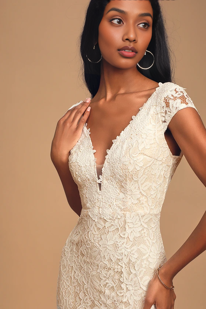 V-Neck Lace Short Sleeve Maxi Dress Mermaid Floor-length Wedding Dresses