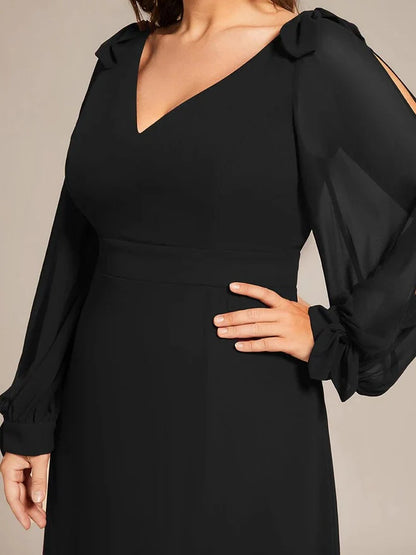Black A Line/Princess Long Sleeves Chiffon Floor-Length V Neck Bridesmaid Dresses