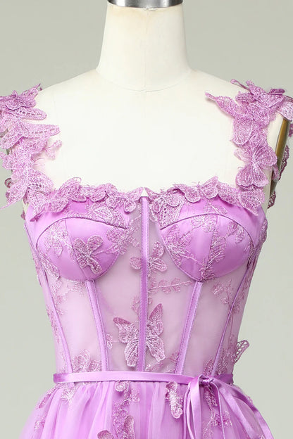 Purple A Line Tulle Butterflies Appliques Prom Dress