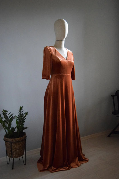 Velvet 3/4 Sleeve Bridesmaid Dress Rust Deep V Neck Line Open Back Wedding Party Mother Of Bride Dress