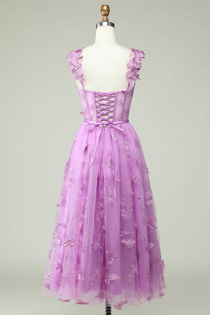 Purple A Line Tulle Butterflies Appliques Prom Dress
