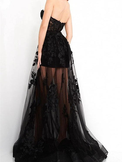A Line Strapless Tulle Floor-Length Evening Dress with Flowers