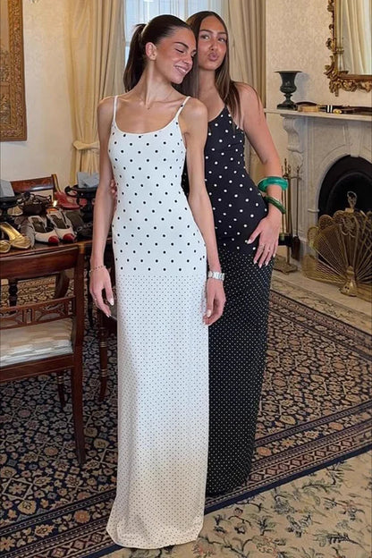 Black and White Polka Dot Maxi Prom Dresses with Spaghetti Strap Ruched Hem Slit for Prom and Retro Party