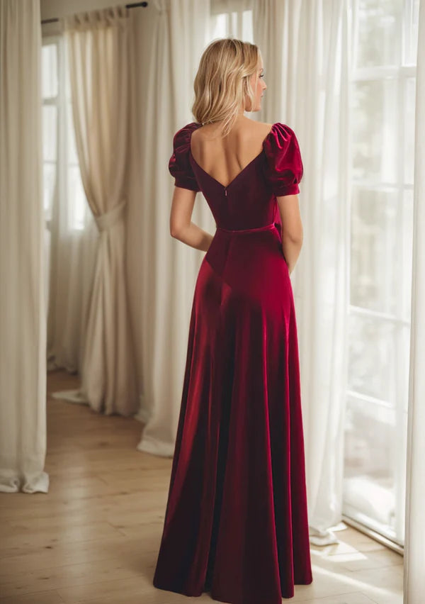 Puffed short sleeves sweetheart neckline long velvet prom dress