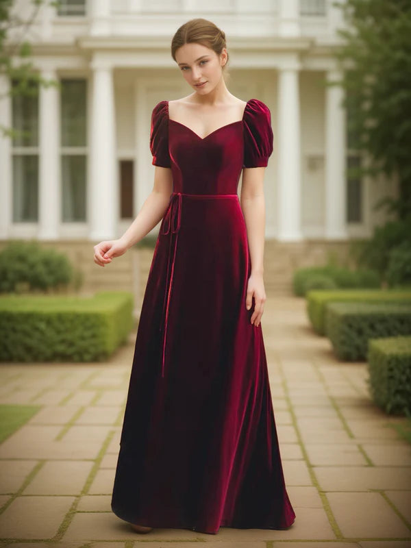 Puffed short sleeves sweetheart neckline long velvet prom dress