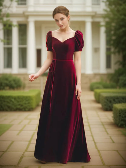 Puffed short sleeves sweetheart neckline long velvet prom dress
