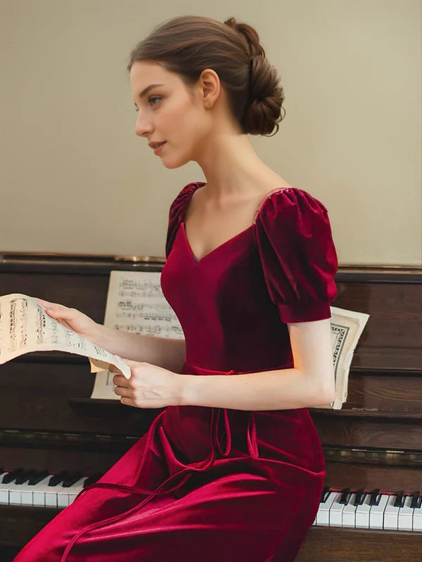 Puffed short sleeves sweetheart neckline long velvet prom dress