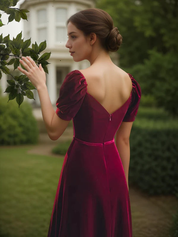 Puffed short sleeves sweetheart neckline long velvet prom dress