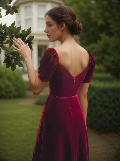 Puffed short sleeves sweetheart neckline long velvet prom dress