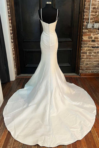 Mermaid White Spaghetti Straps Long Lace Wedding Dress