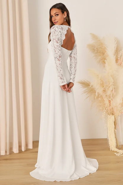 A-Line White Lace Long Sleeve Backless Floor-length Wedding Dresses