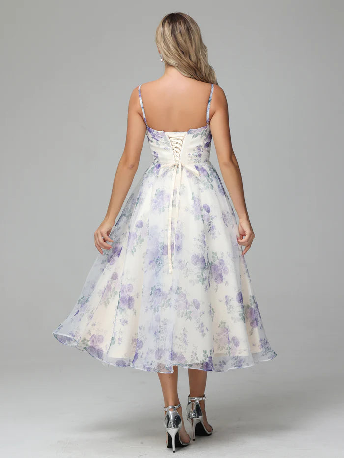 Cute A-Line Spaghetti Straps Floral Printed Tea Length Bridesmaid Dresses