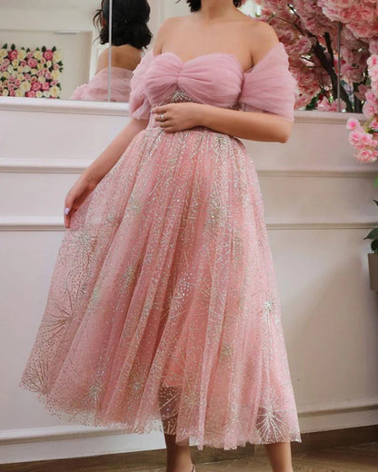Pink Glitter Tulle Midi Dress Off Shoulder A-Line Princess Prom Dresses