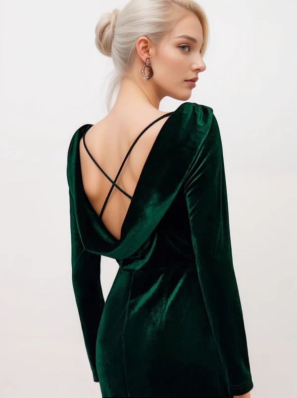 Long sleeves Boat Neck Draped crisscross Back Velvet Dress