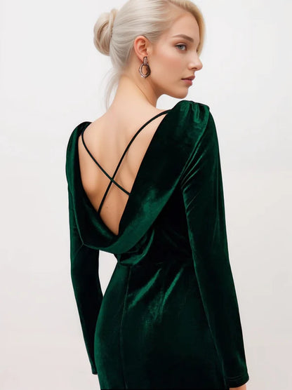 Long sleeves Boat Neck Draped crisscross Back Velvet Dress