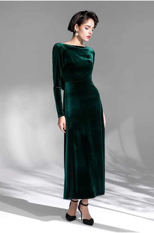 Long sleeves Boat Neck Draped crisscross Back Velvet Dress