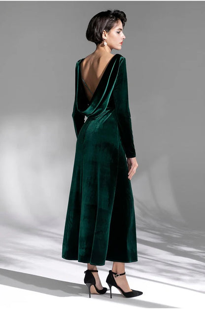 Long sleeves Boat Neck Draped crisscross Back Velvet Dress