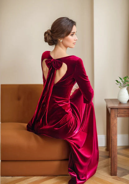 Elegant Long V-neck heart-shape bow-tied back A-line Velvet Dress