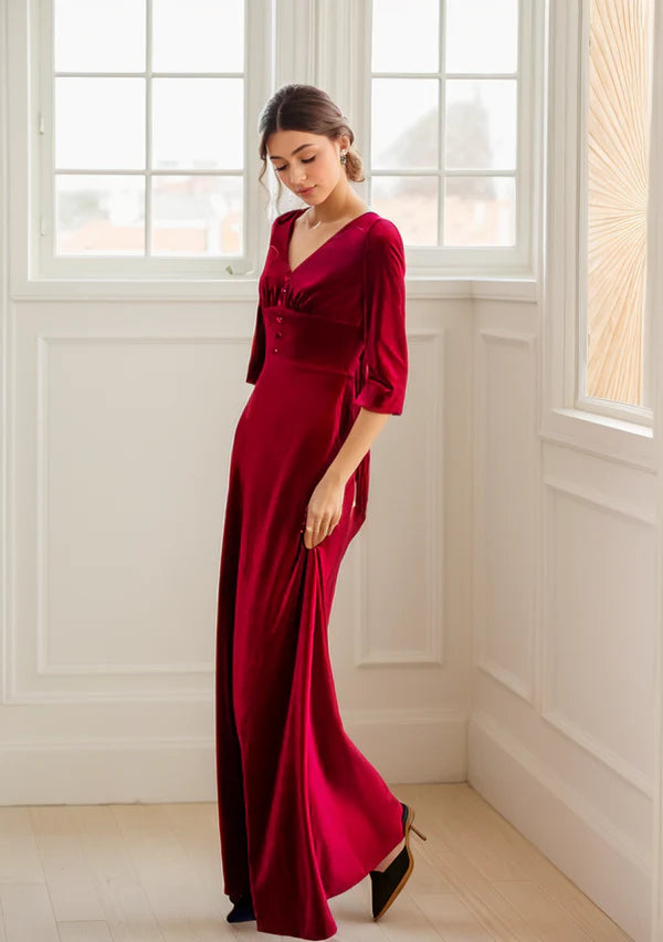 Elegant Long V-neck heart-shape bow-tied back A-line Velvet Dress