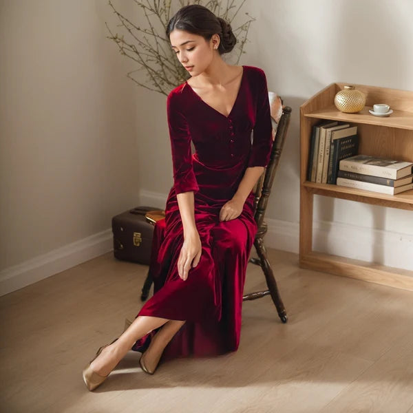 Elegant Long V-neck heart-shape bow-tied back A-line Velvet Dress