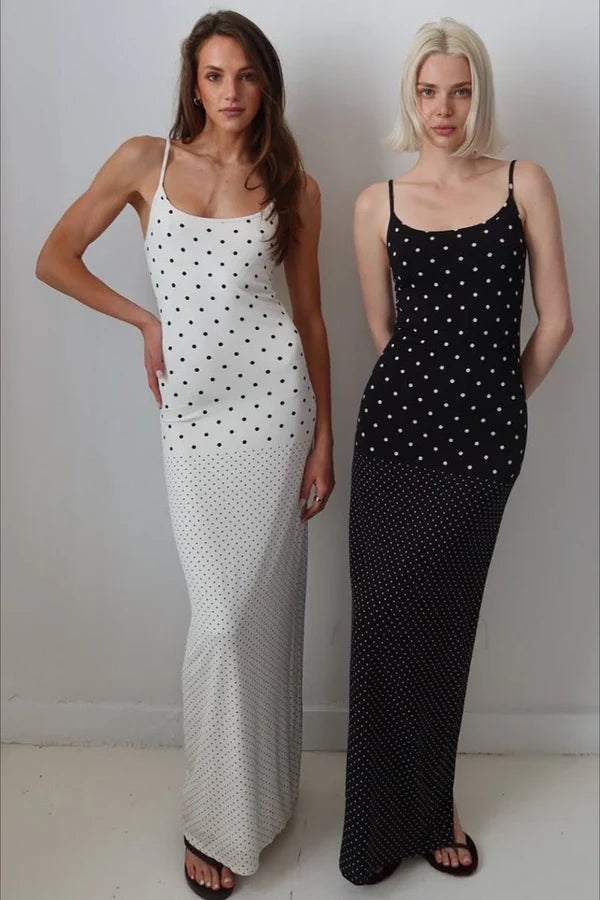 Black and White Polka Dot Maxi Prom Dresses with Spaghetti Strap Ruched Hem Slit for Prom and Retro Party