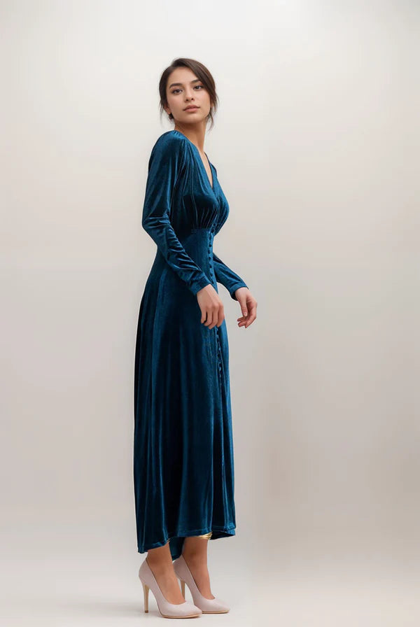 Vintage V-neck Dress Ruched bodice Long Velvet Prom Dress
