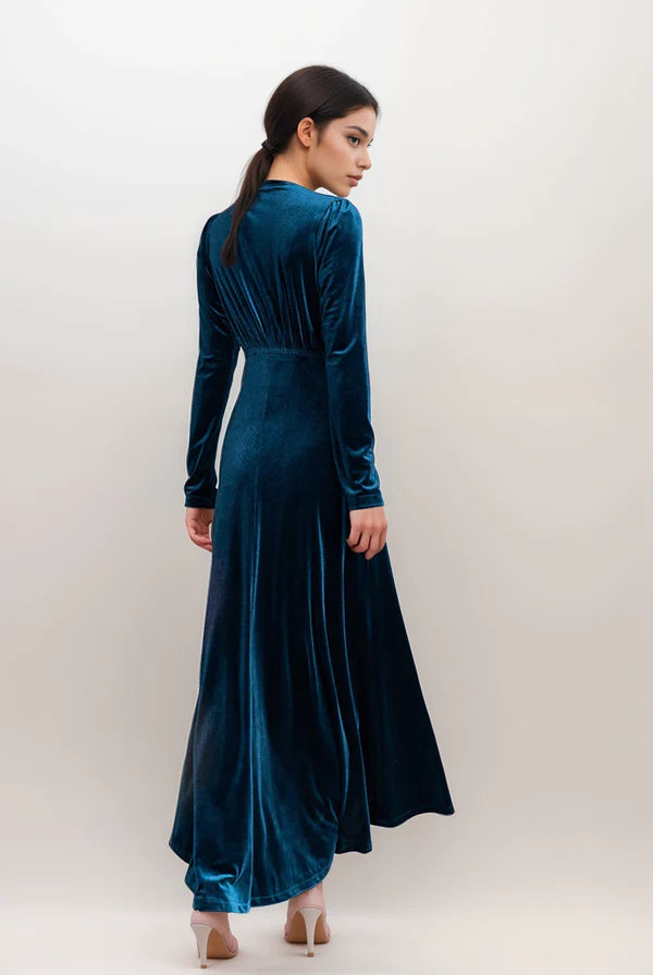 Vintage V-neck Dress Ruched bodice Long Velvet Prom Dress