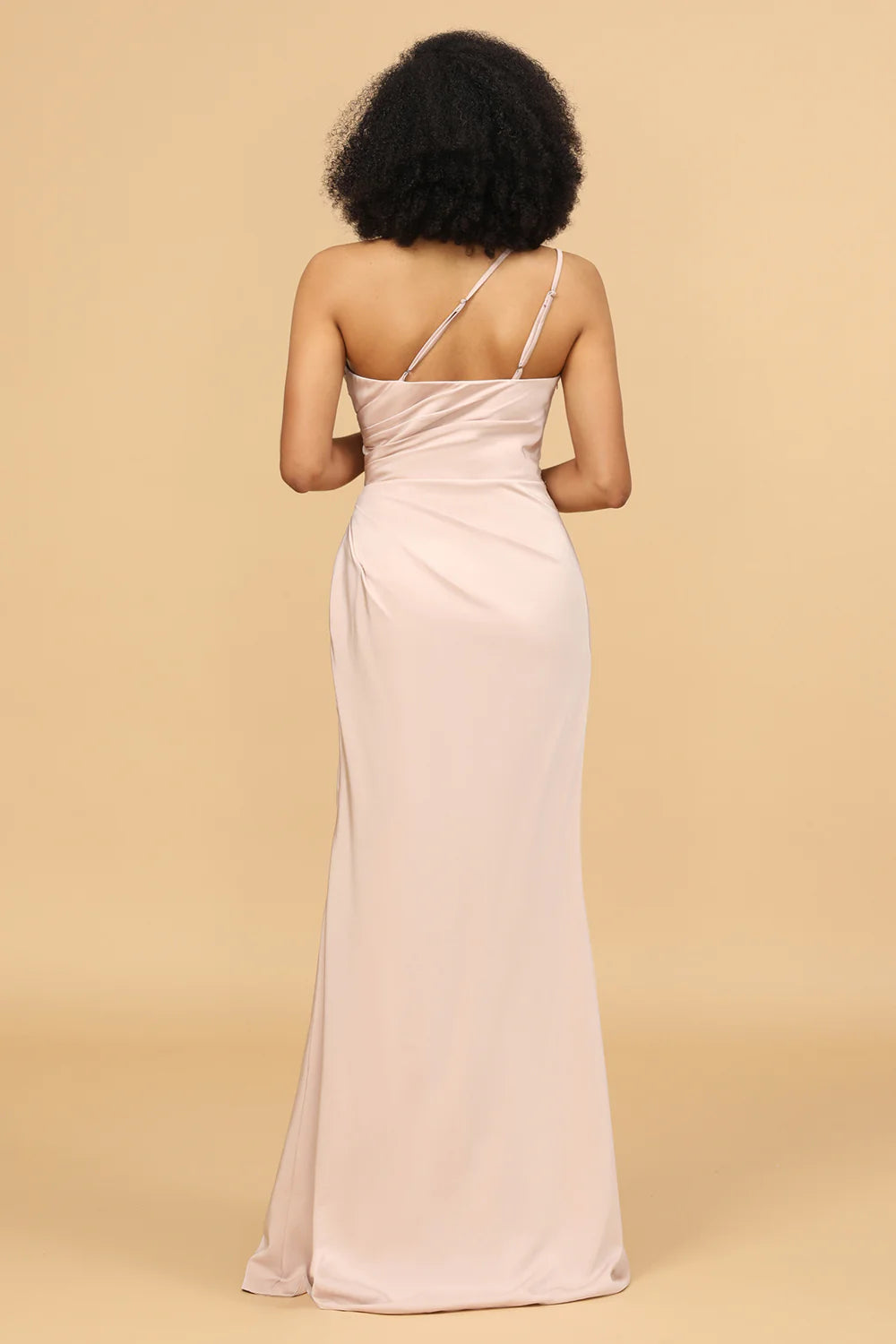 Blush Satin Mermaid One Shoulder Long Bridesmaid Dress with Slit