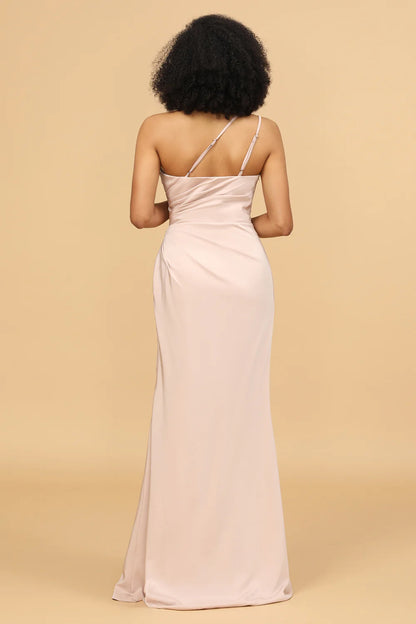 Blush Satin Mermaid One Shoulder Long Bridesmaid Dress with Slit