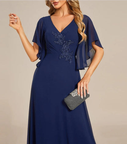 Mother of the Bride Dress Half Sleeves Top Applique Decoration Chiffon Dress