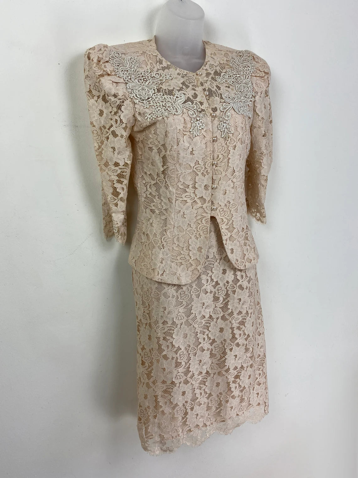 Vintage Pale Pink Lace Blouse And Skirt Petite Small Lace Skirt Suit Wedding Outfit Mother of the Bride Dresse Lace Suit