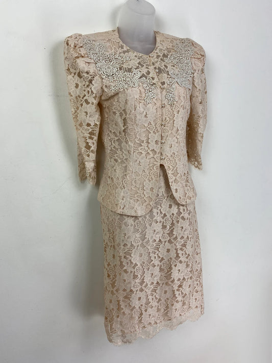 Vintage Pale Pink Lace Blouse And Skirt Petite Small Lace Skirt Suit Wedding Outfit Mother of the Bride Dresse Lace Suit